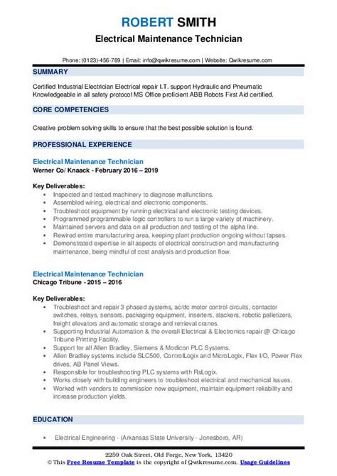 electrical maintenance technician resume.